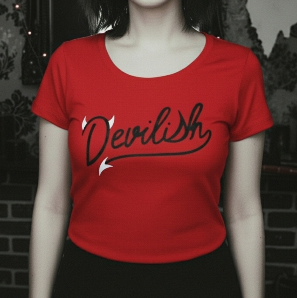 Imagin8 red devil horns & tail Devilish graphics Halloween t shirt S NWT - Picture 14 of 16